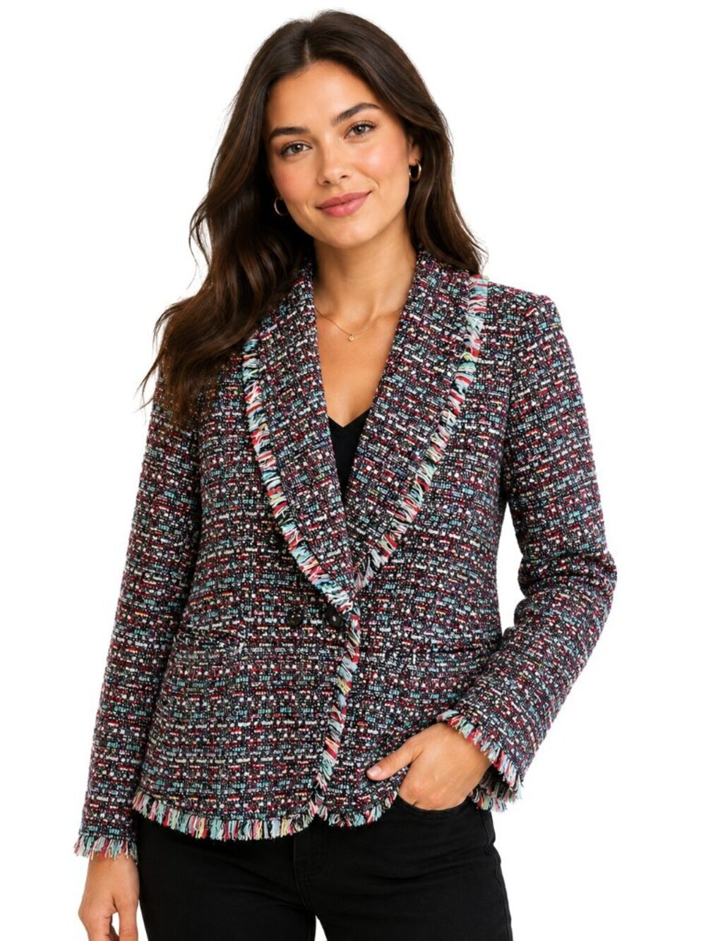 Halogen Black Multicolor Tweed Shawl Collar Fringed Jacket